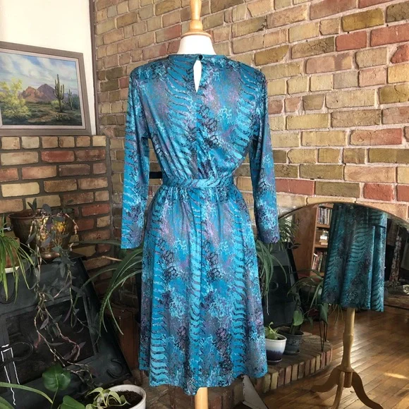 Vintage 80s midi dress in teal plum black and green size s/m - Picture 3 of 3